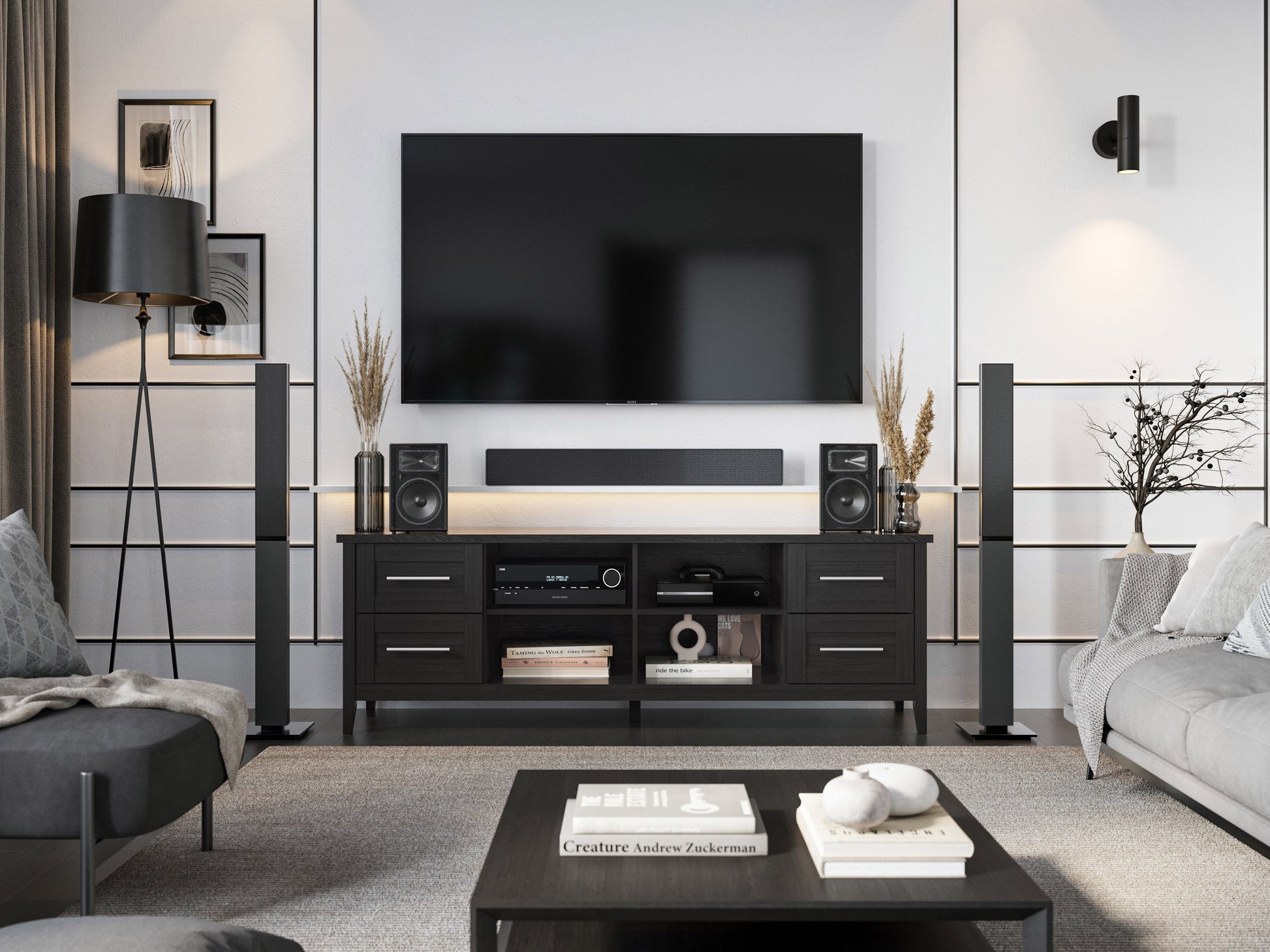 Wide TV stand for TVs up to 85 inches, dark wood finish, open shelving, and sleek modern design.