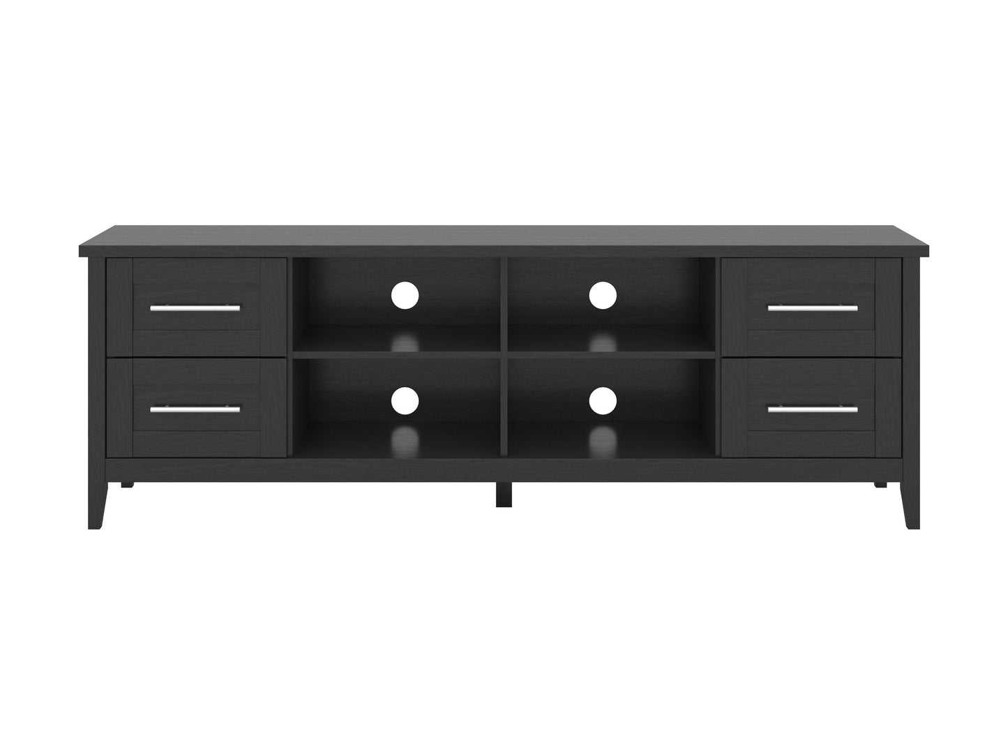 Wide TV stand for TVs up to 85", dark wood finish, sleek metal legs, modern design, spacious storage shelves.