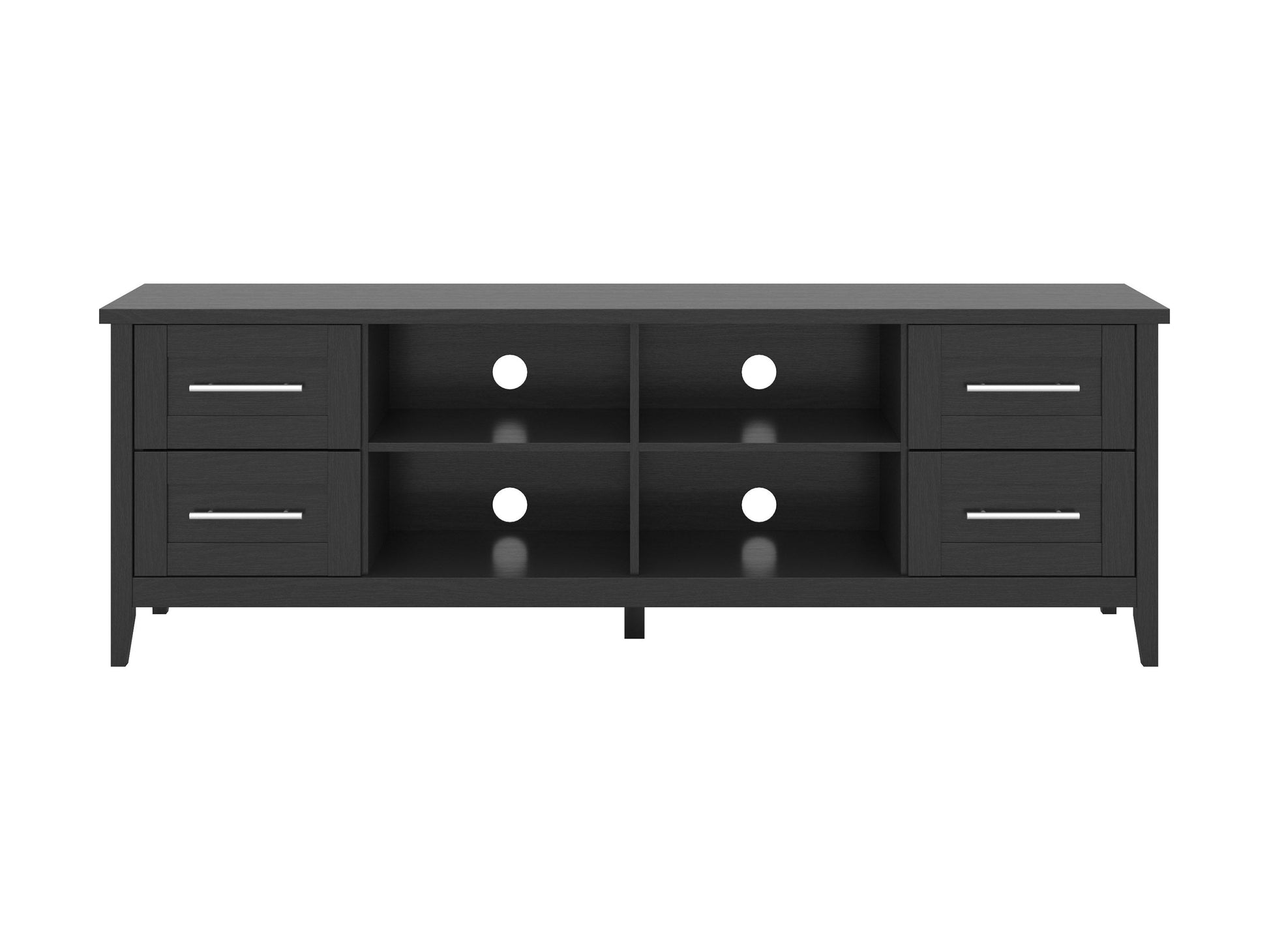 Wide TV stand for TVs up to 85", dark wood finish, sleek metal legs, modern design, spacious storage shelves.