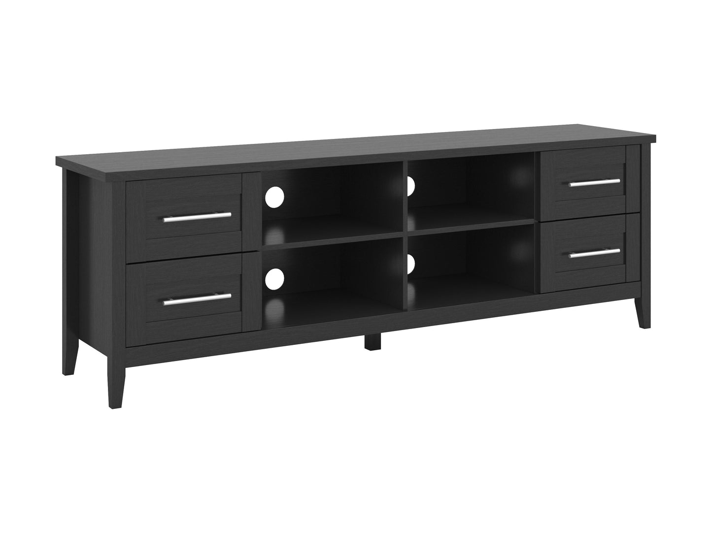 Wide TV stand for TVs up to 85", dark wood finish, sleek metal frame, and open shelving for storage.