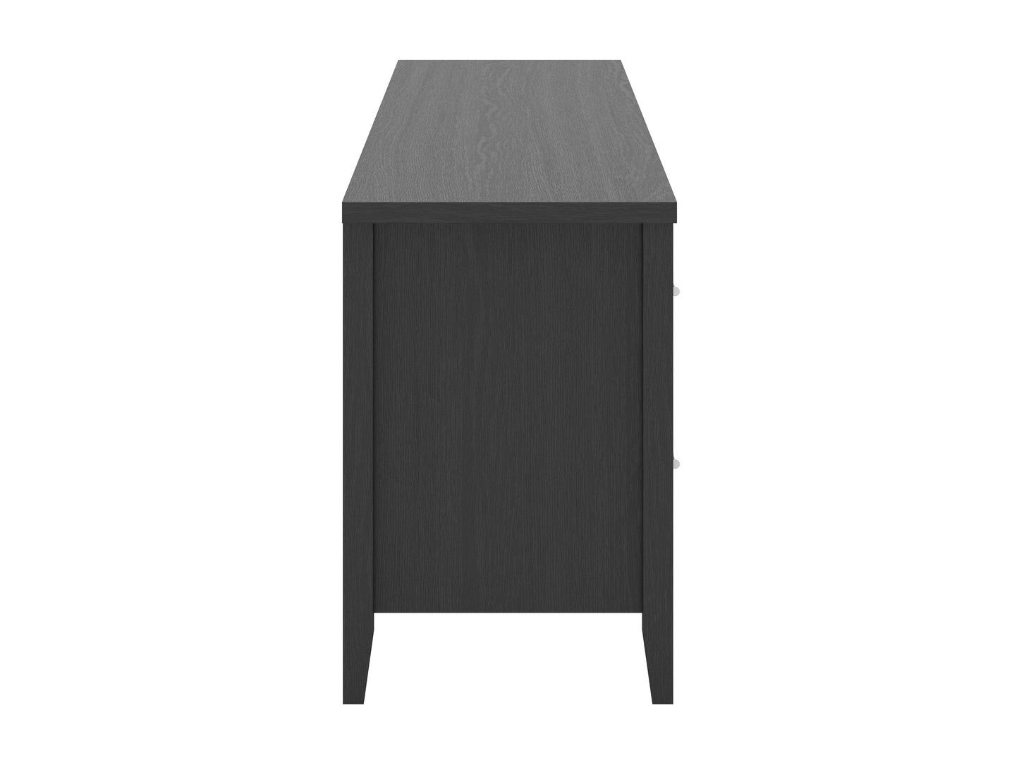 Wide TV stand for TVs up to 85", dark wood finish, sleek metal legs, modern minimalist design.