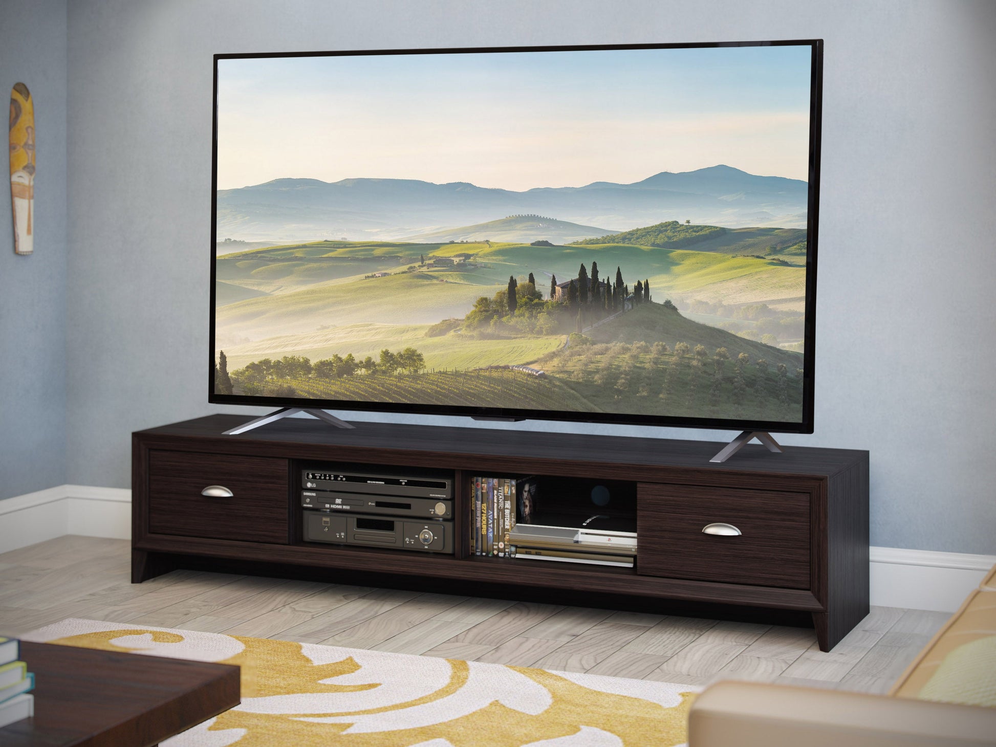 Brown wooden TV stand with open shelves, metal legs, and cable management, suitable for TVs up to 85 inches, featuring a modern design with a rustic finish.