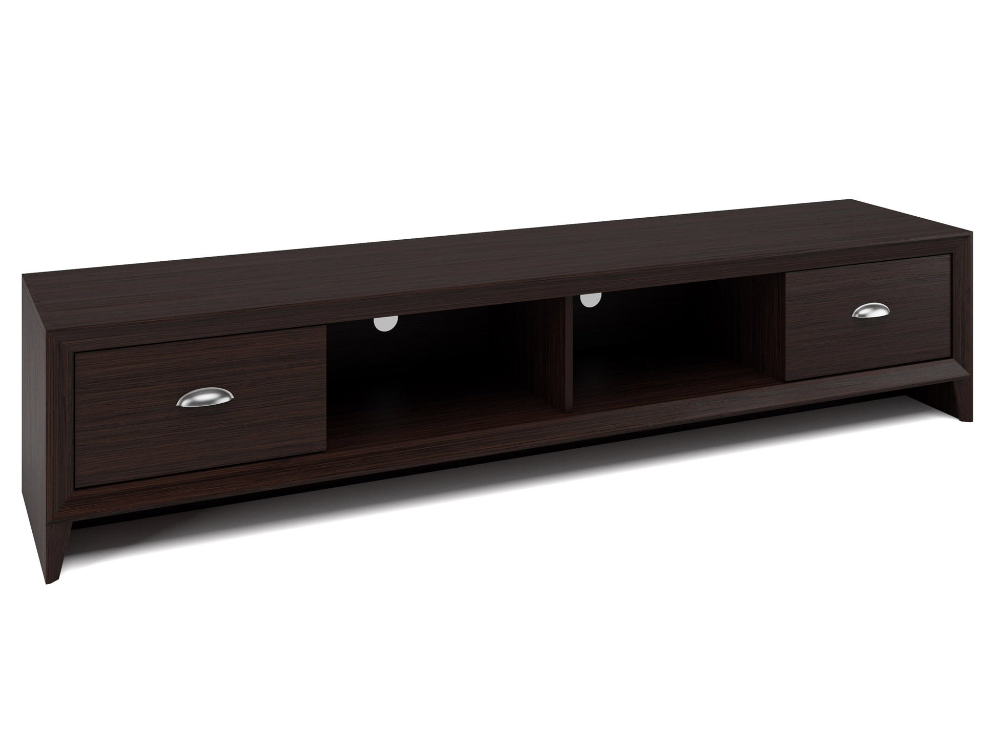 Modern wooden TV stand with sleek black metal frame, featuring two open shelves and a warm oak finish, perfect for contemporary living rooms or entertainment spaces.