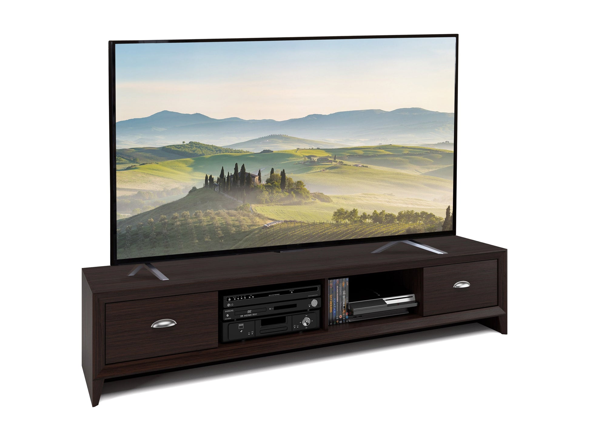 Modern wooden TV stand with sleek black metal legs, featuring two open shelves and two spacious cabinets with natural oak finish, perfect for contemporary living rooms.