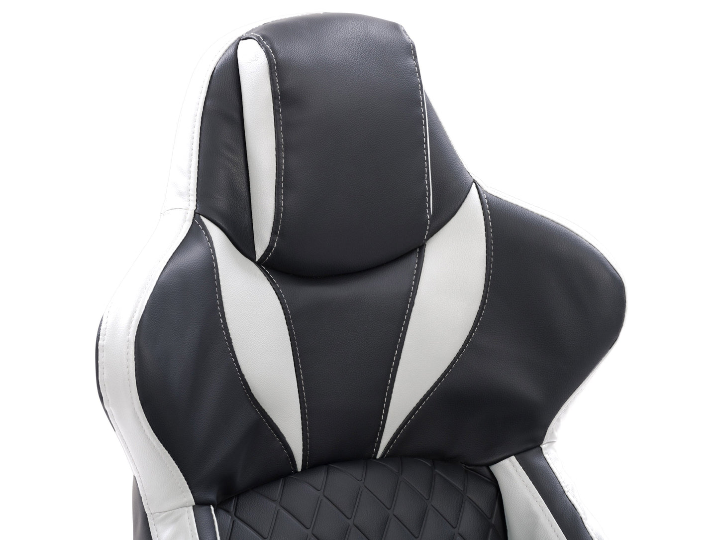 Black and white gaming reclining chair with ergonomic design, adjustable armrests, and cushioned support.