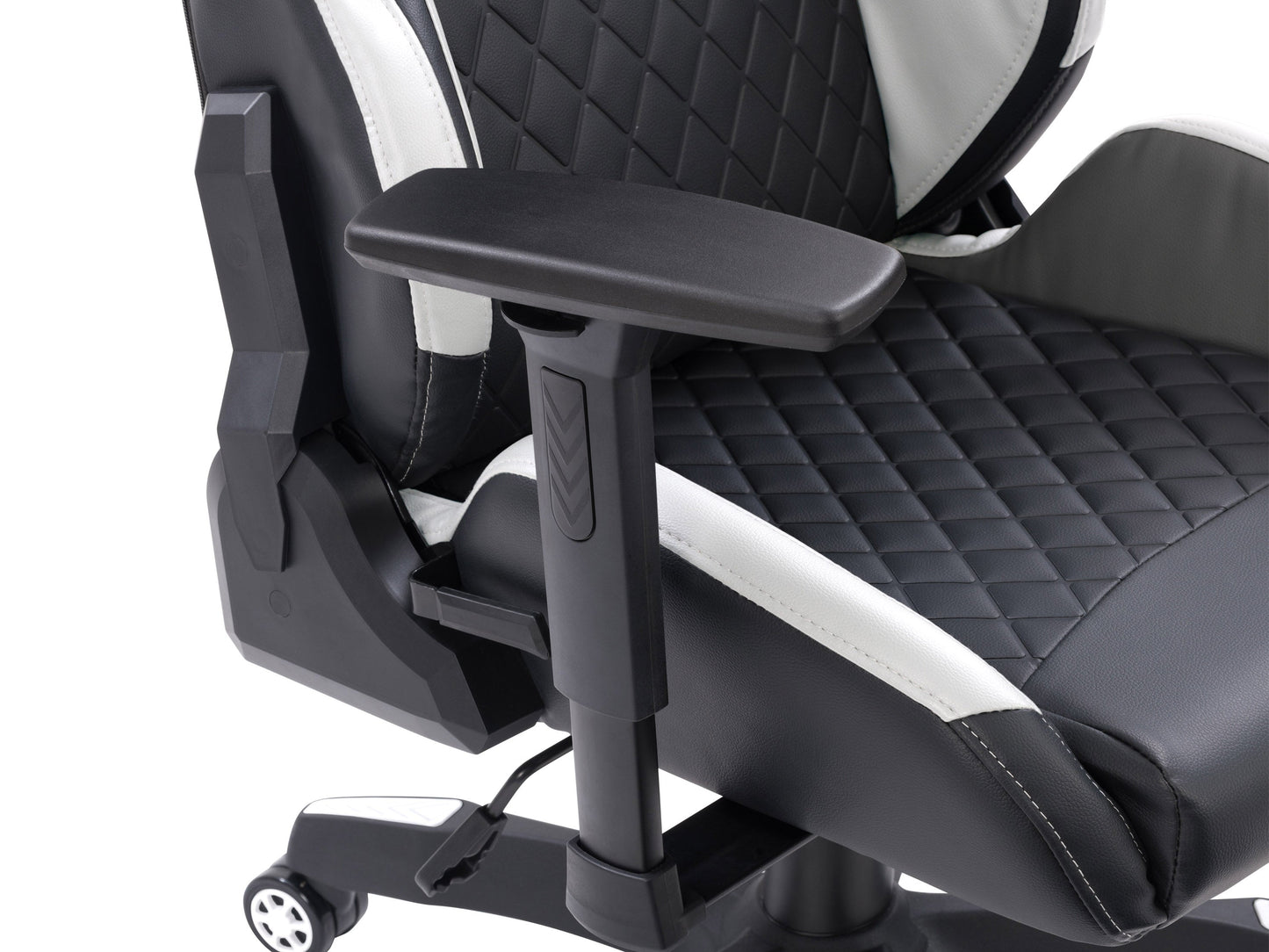 Black and white gaming reclining chair with ergonomic design, padded armrests, and adjustable headrest.