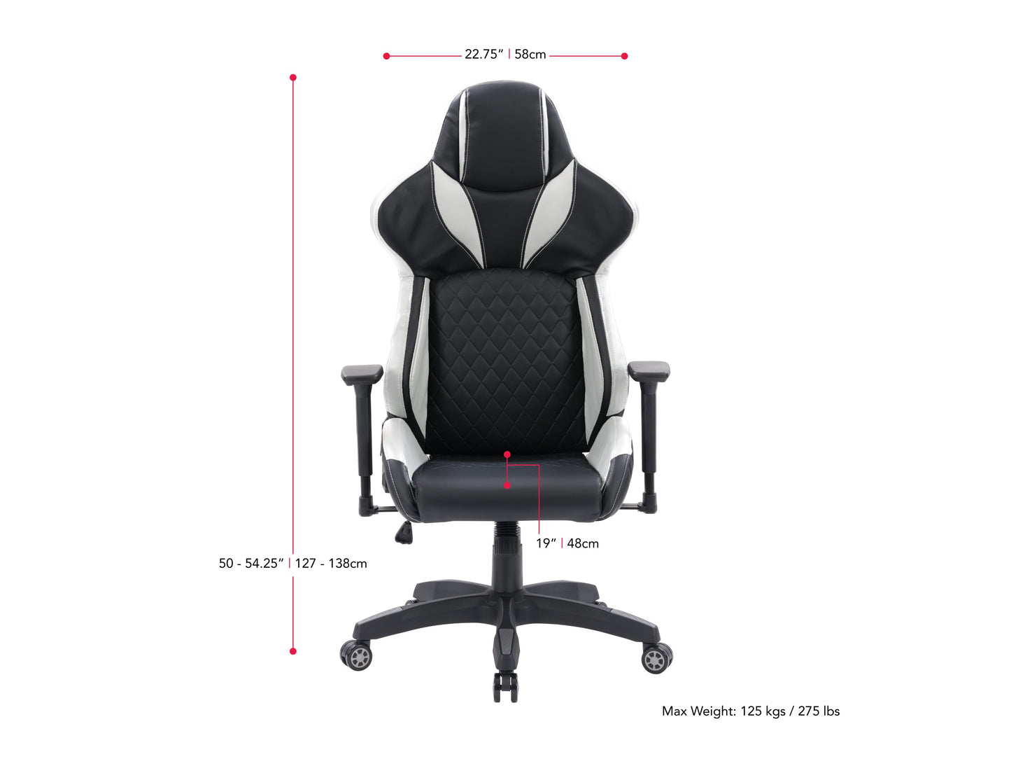 Black and white gaming reclining chair with ergonomic design, padded armrests, and adjustable headrest.