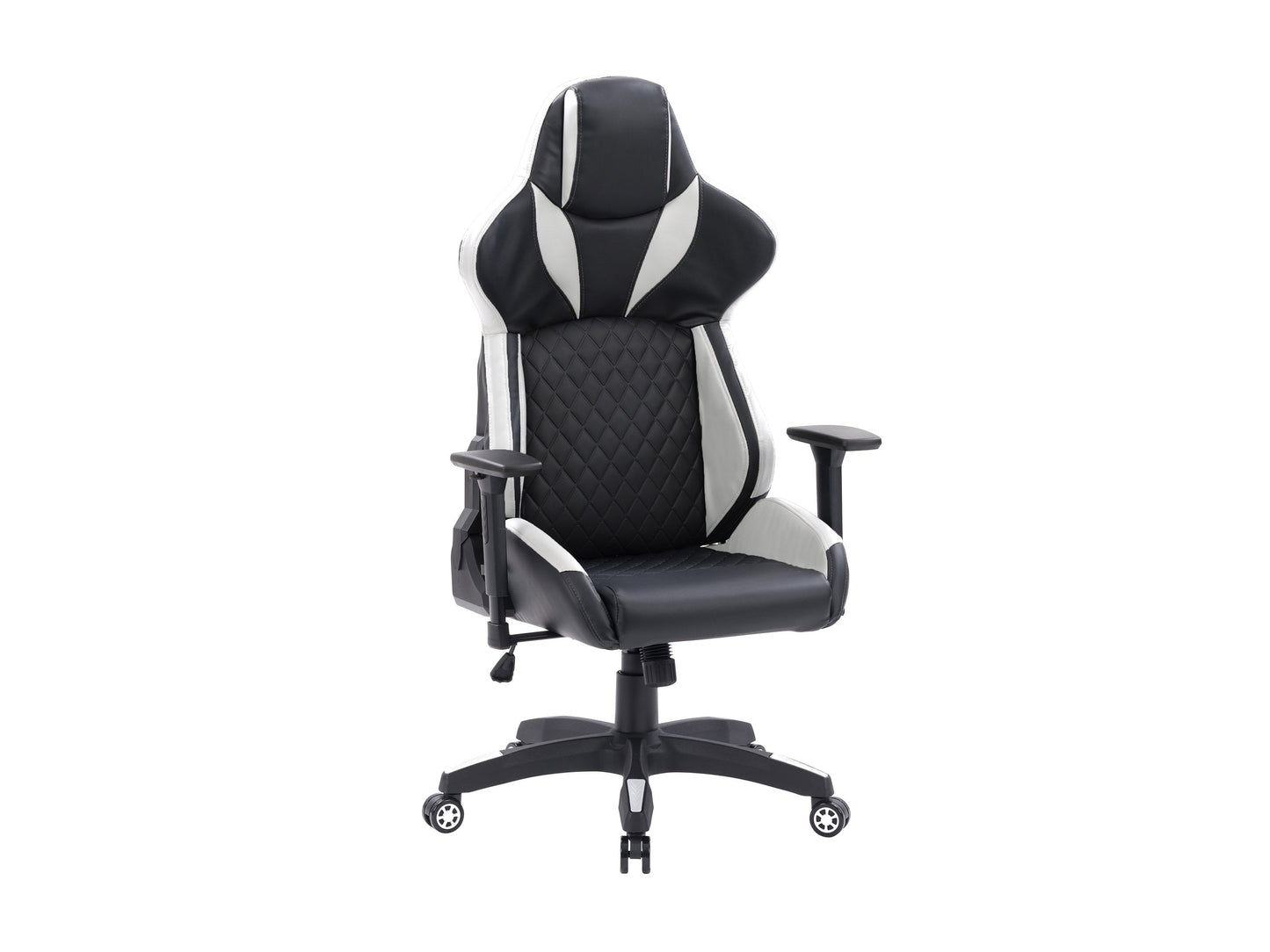 Black and white gaming reclining chair with ergonomic design, padded armrests, and adjustable headrest.