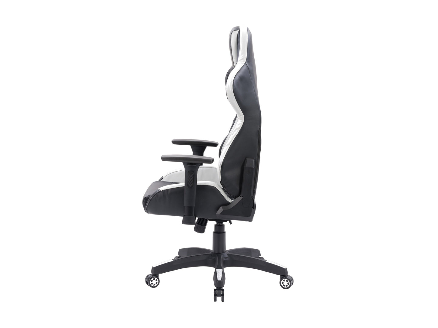 Black and white gaming reclining chair with ergonomic design, padded seat, adjustable armrests, and lumbar support.