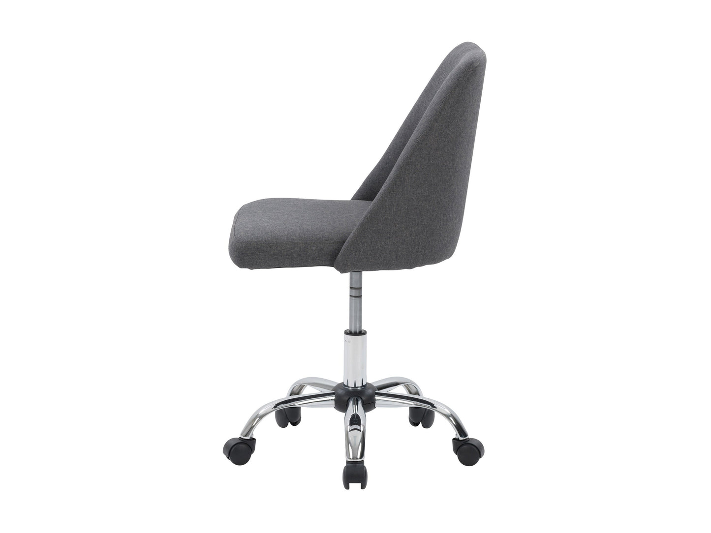 Dark grey armless task chair with ergonomic design, breathable mesh back, and adjustable height for office use.