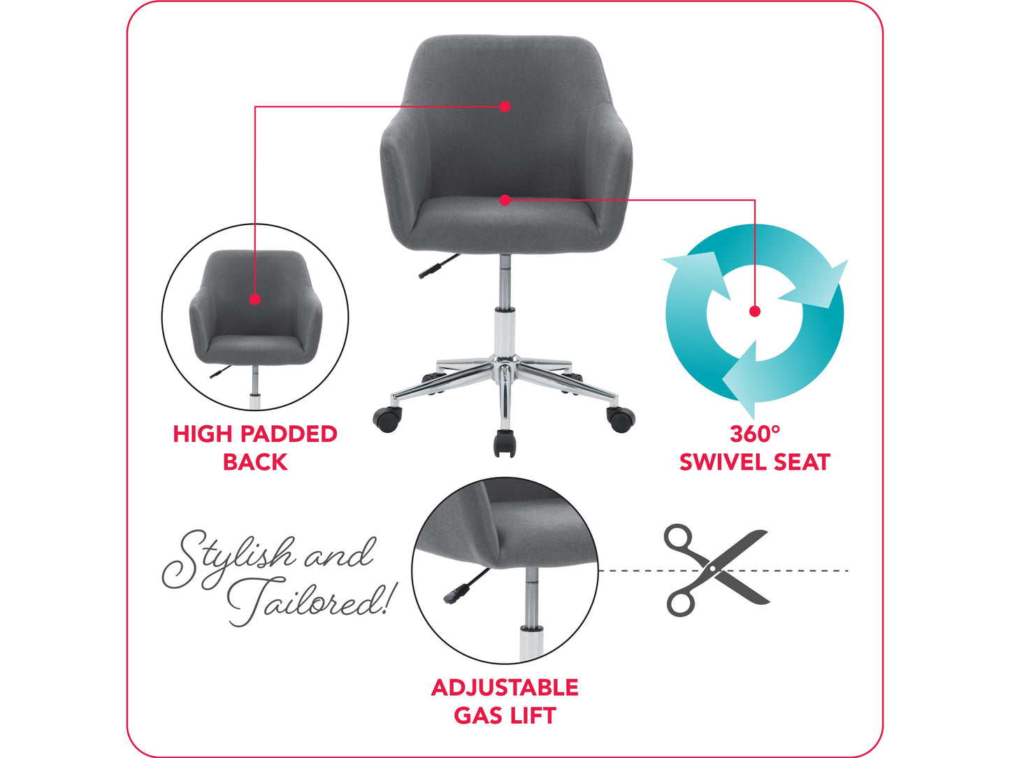 Grey task chair with arms, ergonomic design, mesh backrest, cushioned seat, and adjustable height for office use.