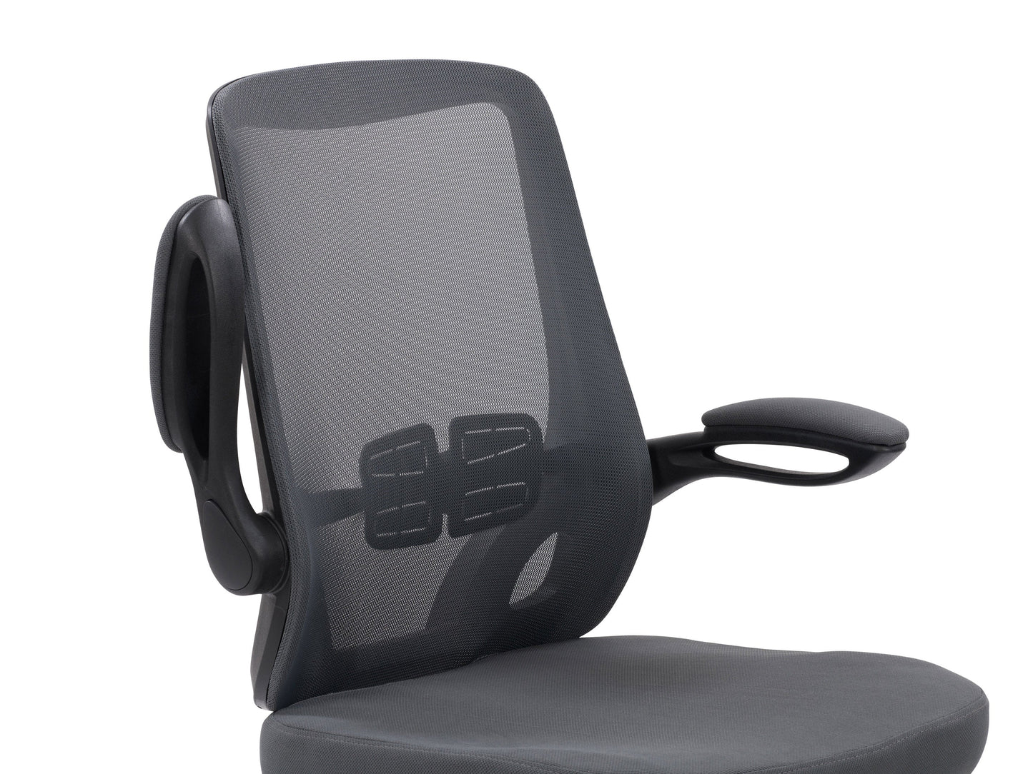 Grey mesh office chair with ergonomic design, adjustable height, and lumbar support for comfortable office use.