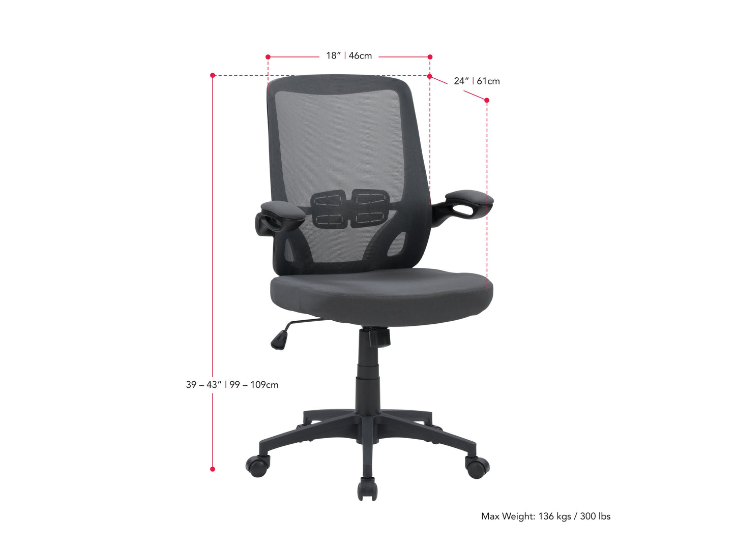 Grey mesh office chair with ergonomic design, adjustable height, and lumbar support.
