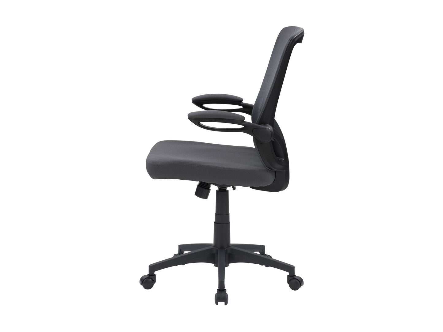Grey mesh office chair with ergonomic design, adjustable height, and lumbar support for comfortable office seating.