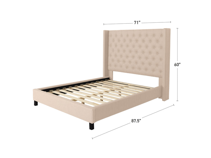 cream Tufted Queen Bed with Slats Fairfield Collection measurements diagram by CorLiving