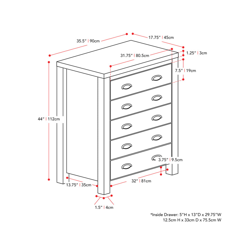 black 5 Drawer Dresser Boston Collection measurements diagram by CorLiving