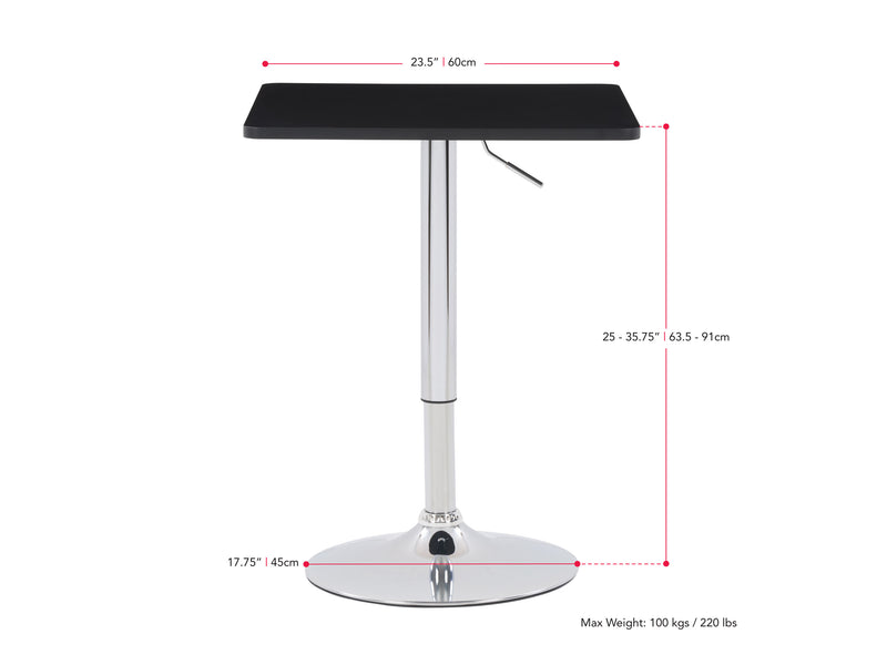 black Adjustable Height Bar Table, Square Maya Collection measurements diagram by CorLiving