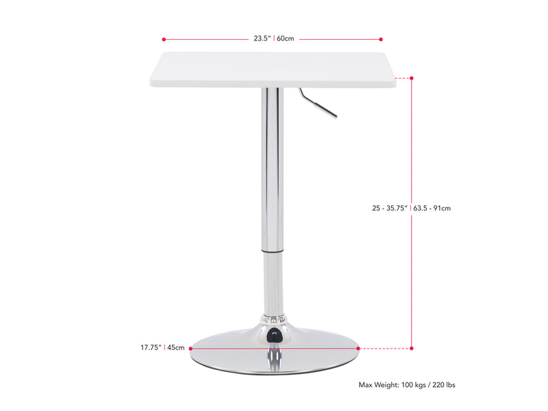white Adjustable Height Bar Table, Square Maya Collection measurements diagram by CorLiving