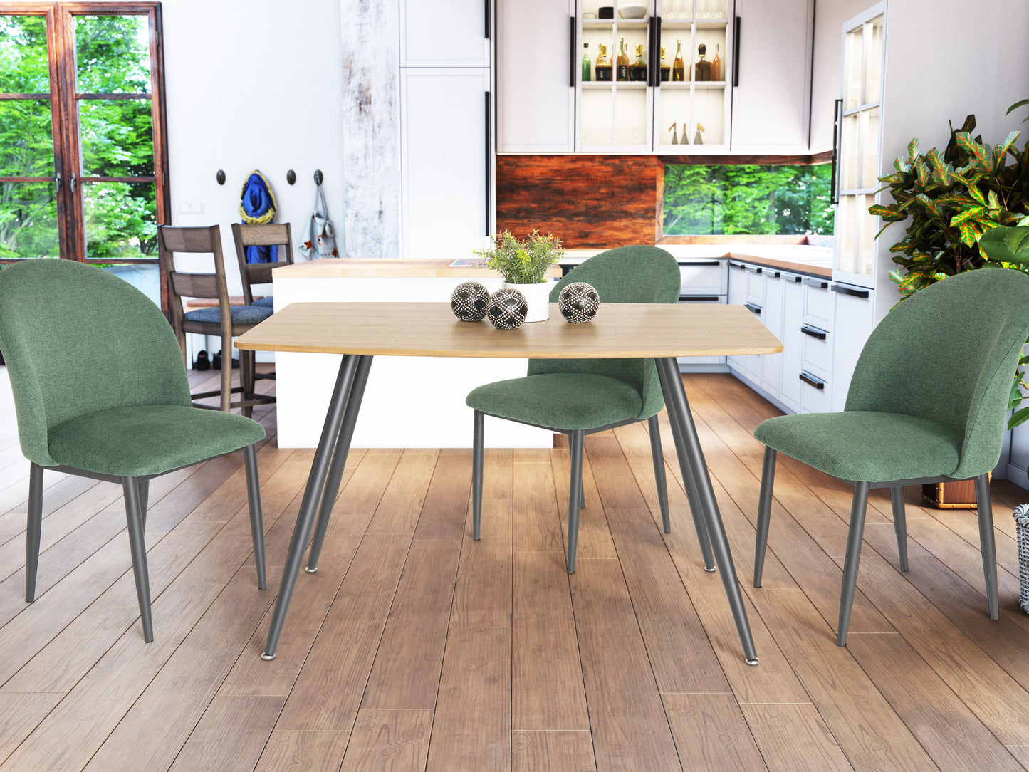 Modern compact dining table with sleek black metal legs and a natural wood top, perfect for small spaces. Features a minimalist design with a rectangular shape and smooth finish, ideal for contemporary interiors.
