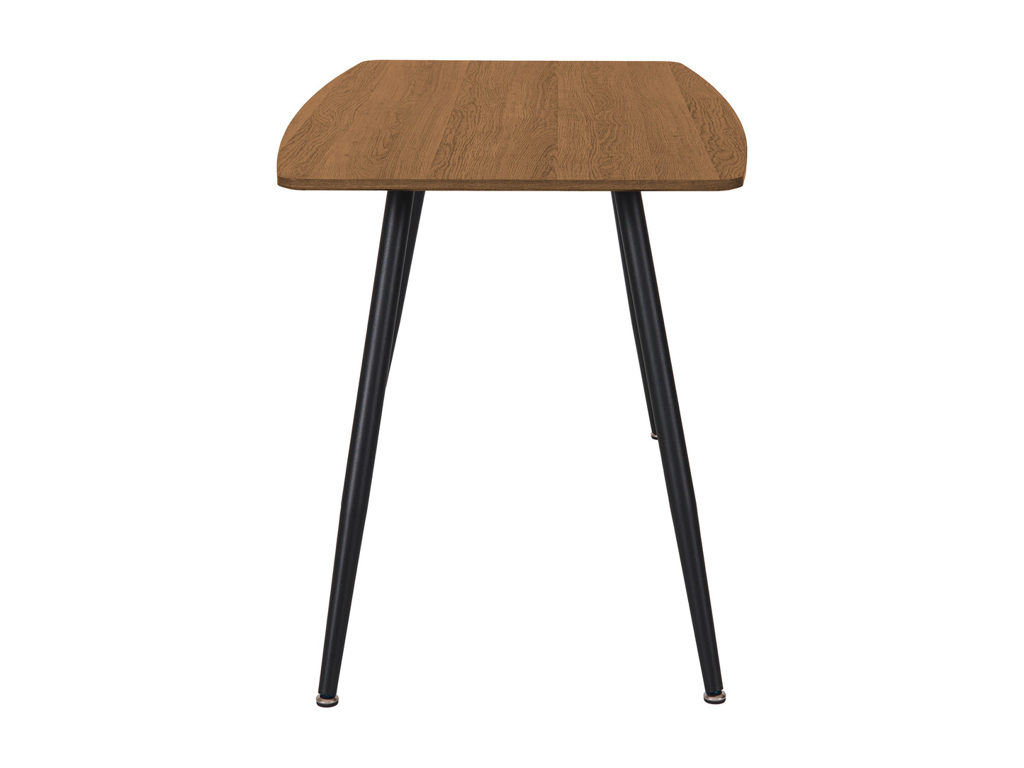 Modern wooden dining table with sleek black metal legs, featuring a walnut finish top, perfect for small spaces and contemporary dining areas.