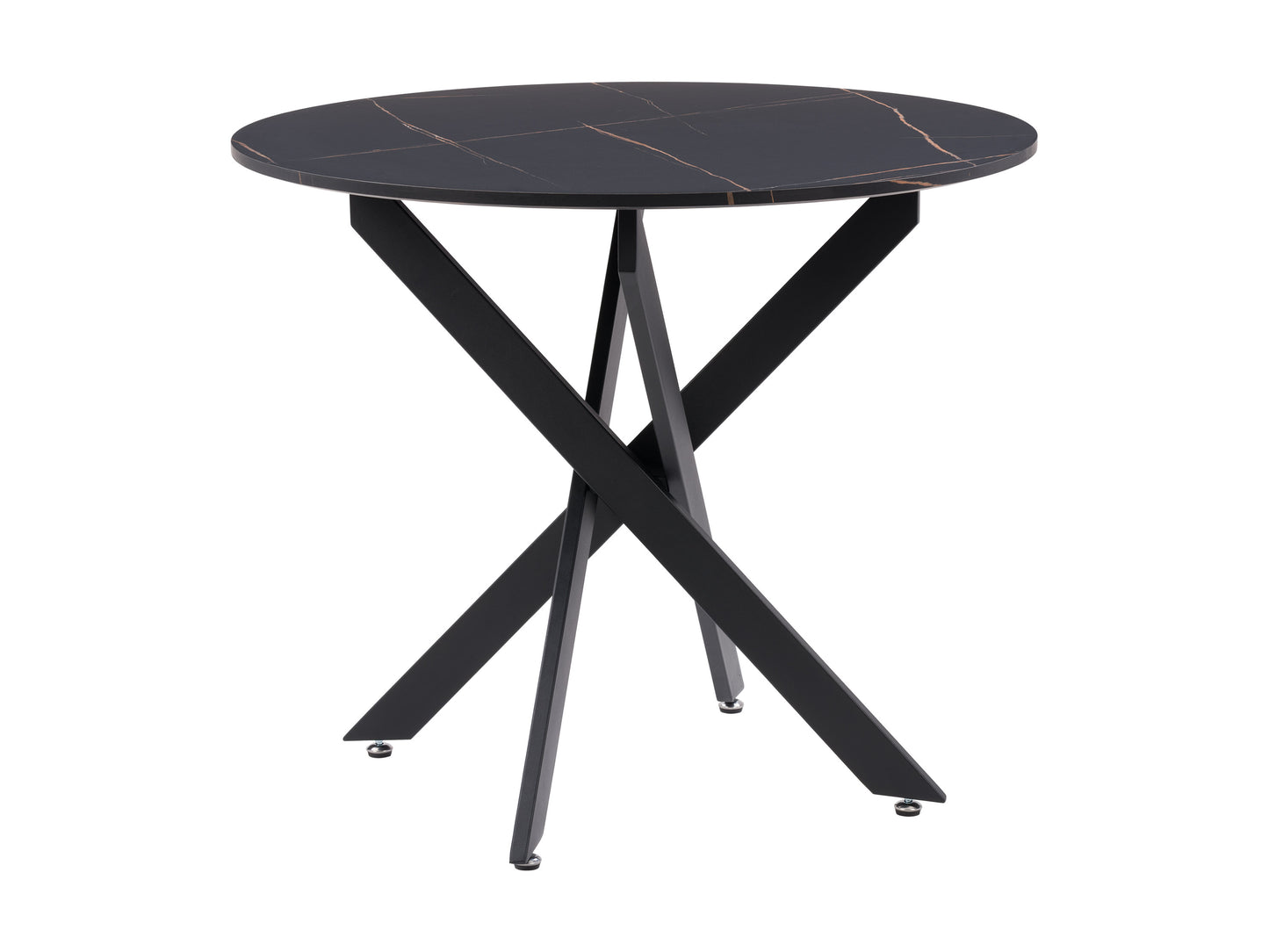 Black round dining table with sleek metal legs, smooth wooden top, modern minimalist design, perfect for contemporary dining rooms.