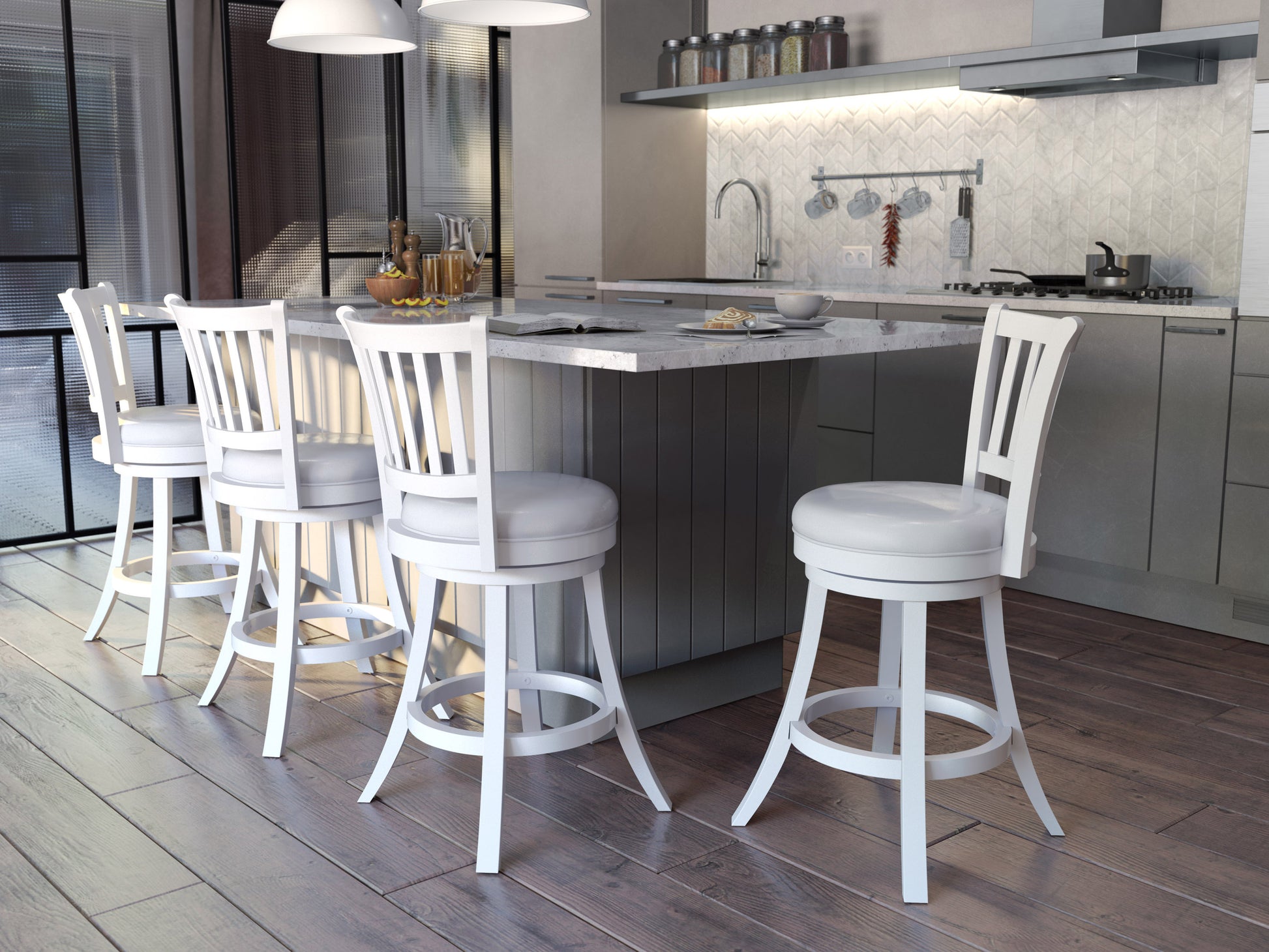 Modern bar stool with black cushioned seat, sleek metal frame, and footrest. The stool features a minimalist design, perfect for contemporary kitchens or home bars.