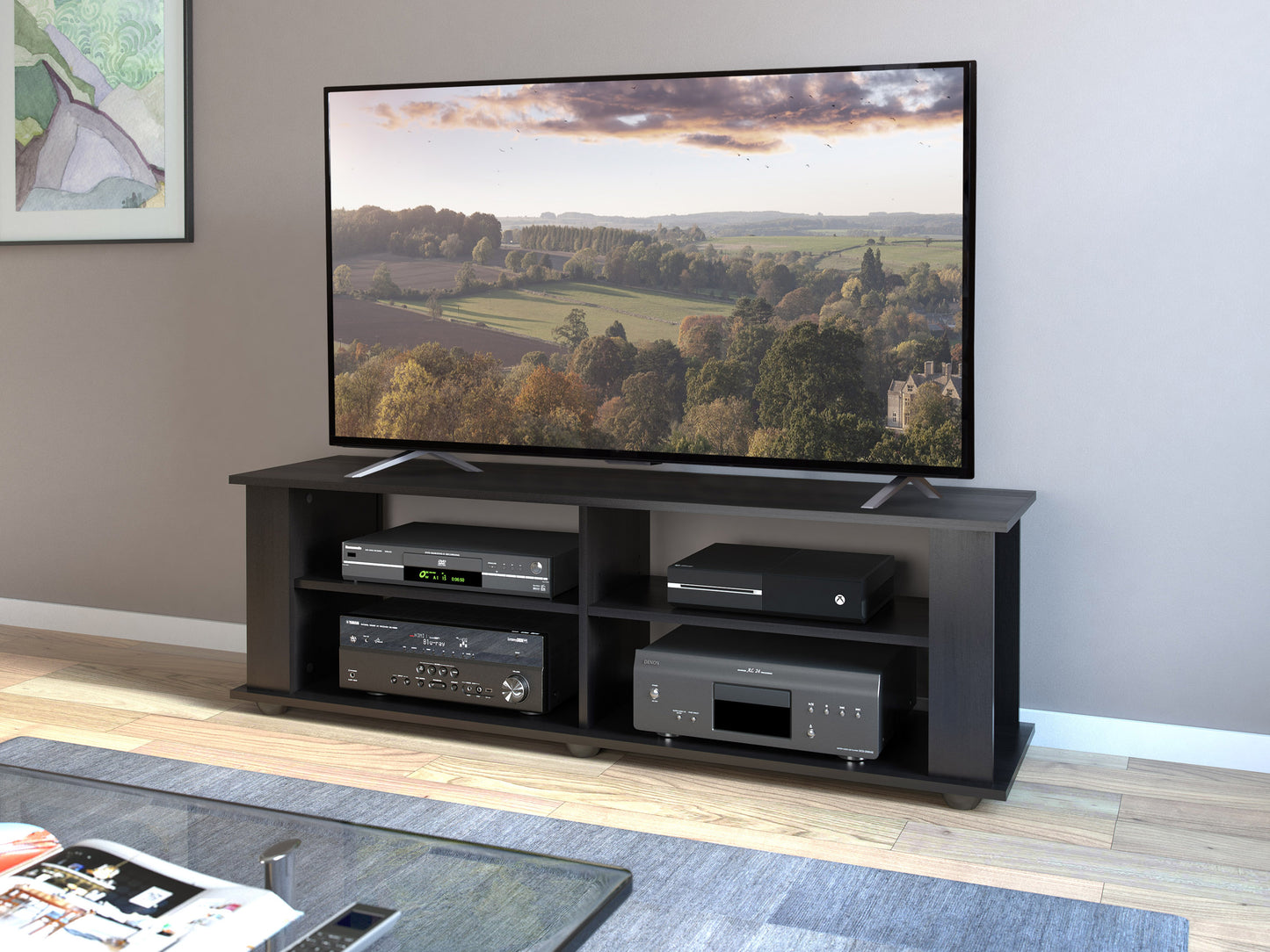 Modern wooden TV stand with storage shelves and cabinets, featuring a walnut finish, sleek black metal legs, and a minimalist design, perfect for contemporary living rooms.