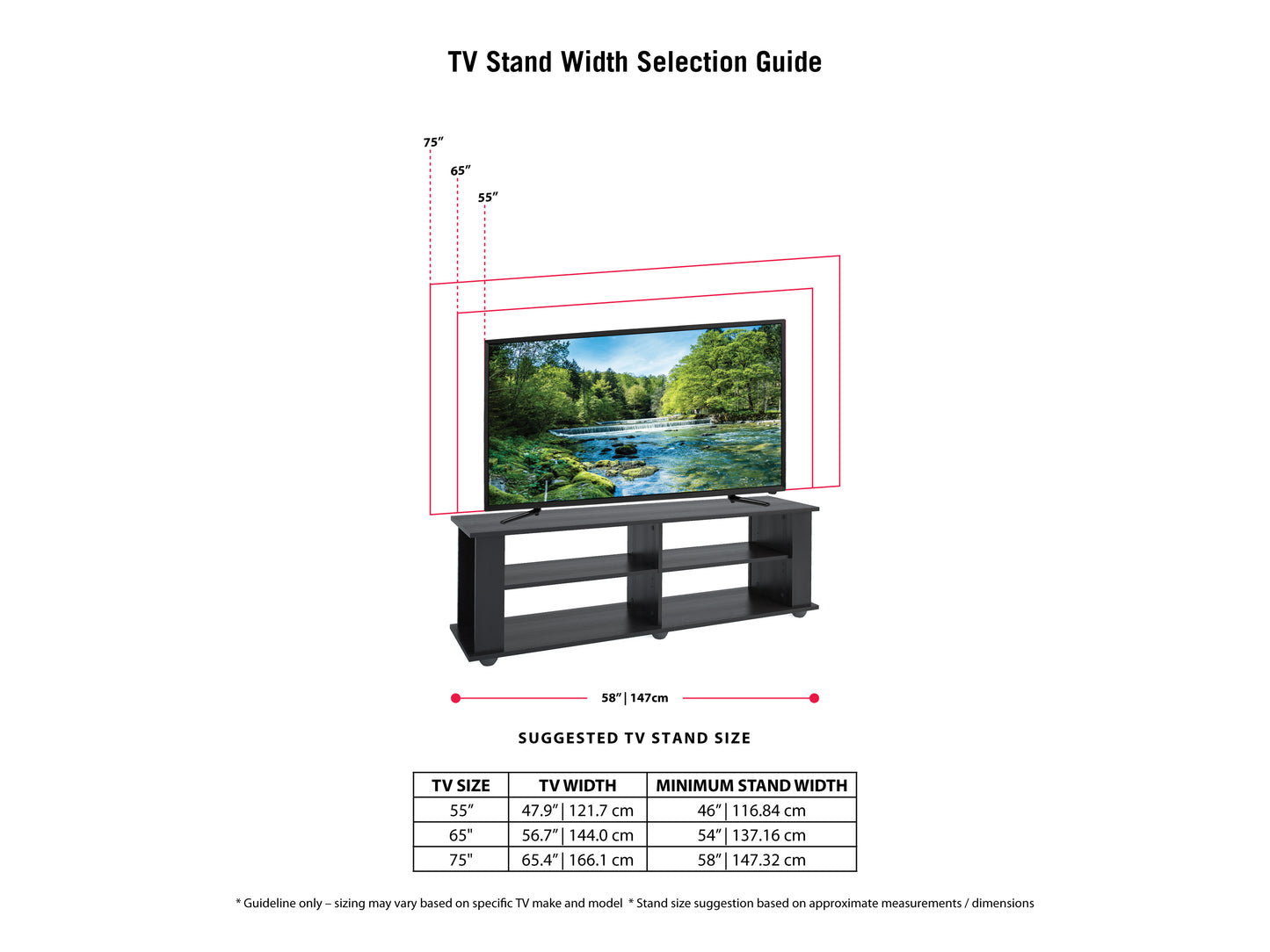 Black wooden TV stand with sleek design, fits TVs up to 75 inches, featuring two open shelves and two cabinets with metal handles, contemporary style, ideal for modern living rooms.