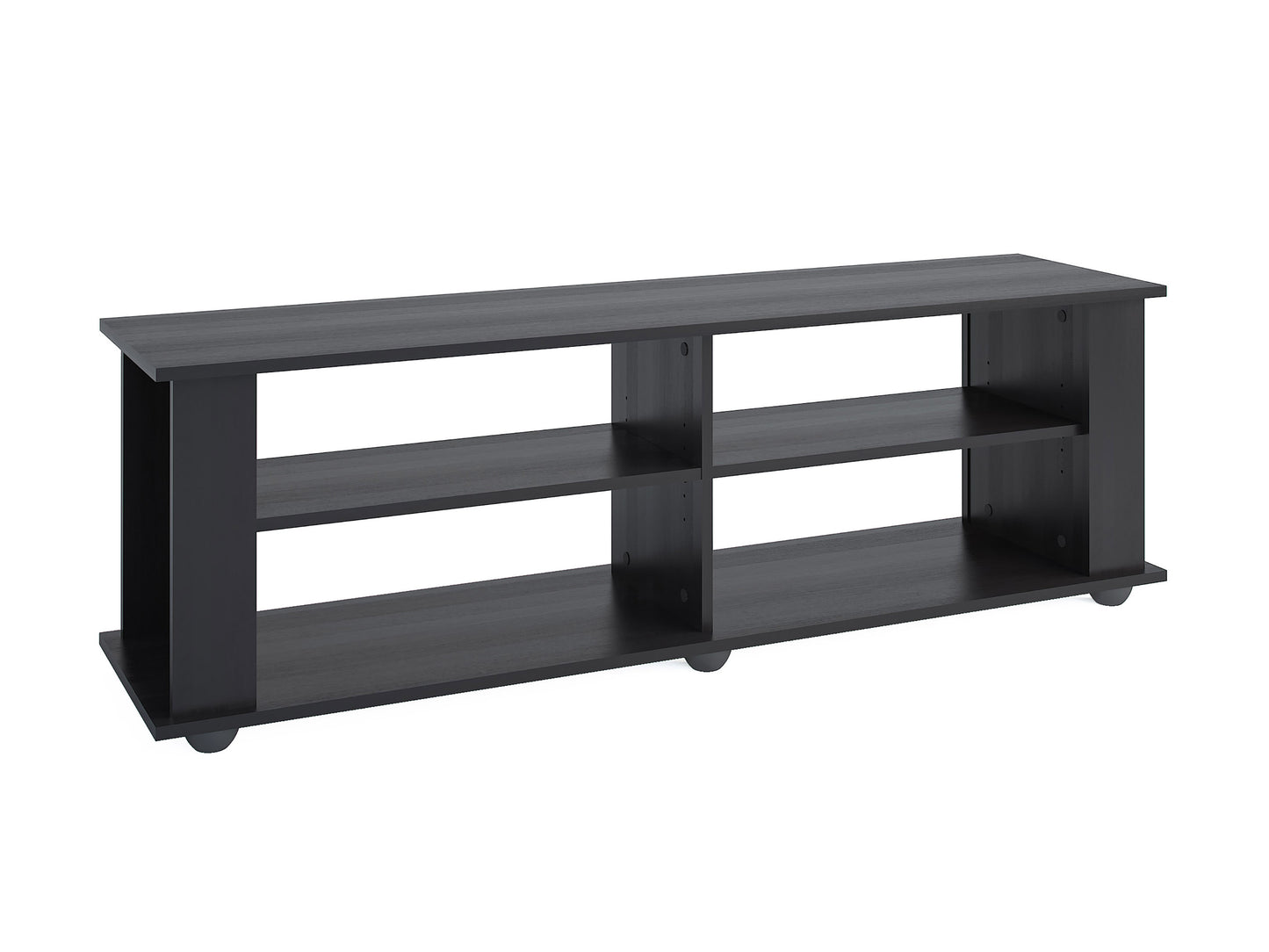 Black wooden TV stand with sleek design, open shelving, and storage cabinets, suitable for TVs up to 75 inches. Features a modern aesthetic with a dark finish, providing ample space for media equipment and decor.