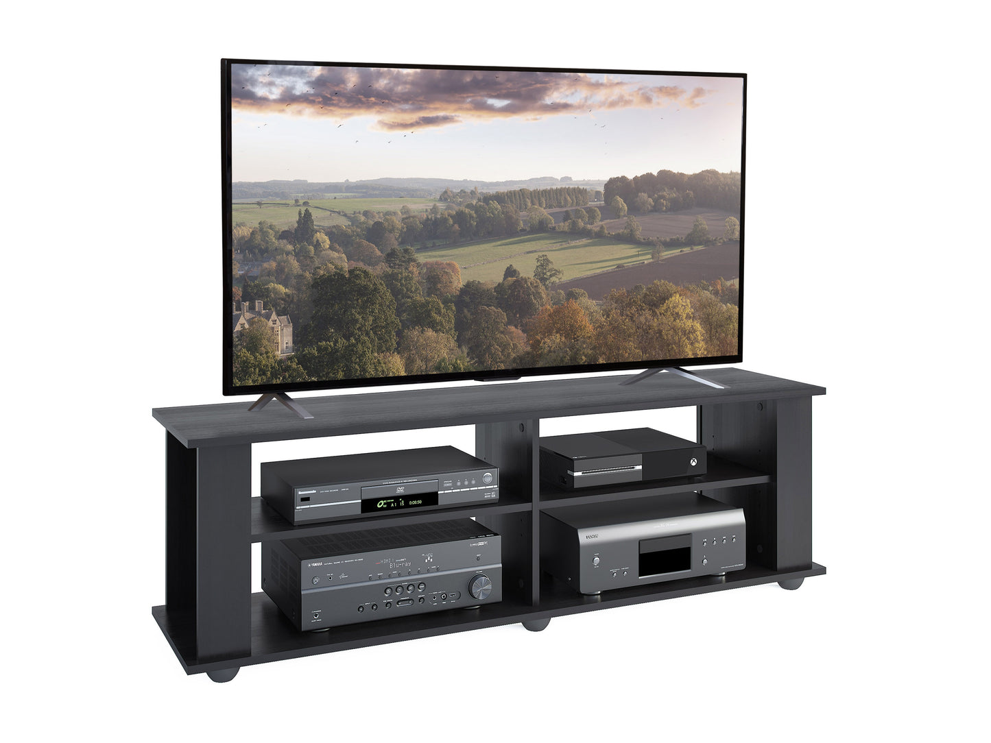 Black wooden TV stand with open shelving and two cabinet doors, suitable for TVs up to 75 inches, featuring sleek modern design and sturdy construction.