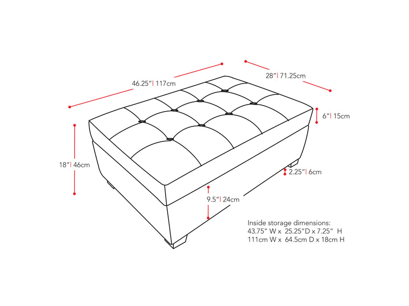 green Tufted Storage Bench Antonio Collection measurements diagram by CorLiving