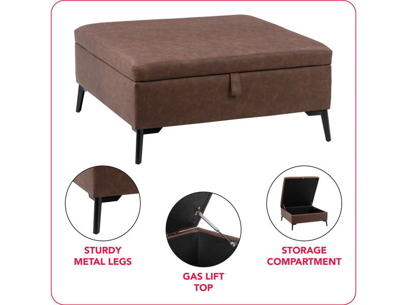 dark brown Mid-Century Modern Ottoman Linden Collection infographic by CorLiving