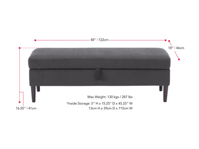dark grey Velvet Storage Bench Perry Collection measurements diagram by CorLiving#color_perry-dark-grey