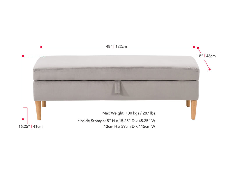 light grey Velvet Storage Bench Perry Collection measurements diagram by CorLiving