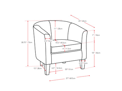 black Leather Barrel Chair Sasha Collection measurements diagram by CorLiving#color_sasha-black