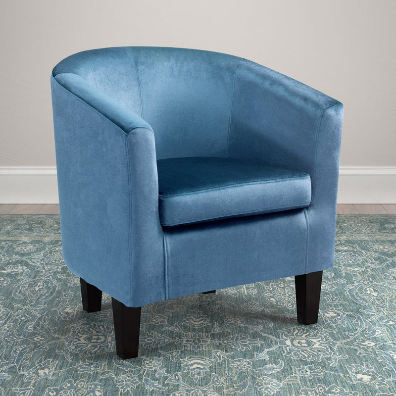 blue Velvet Barrel Chair Sasha Collection lifestyle scene by CorLiving