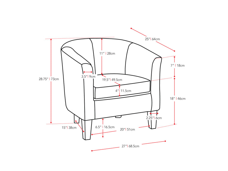 dark brown Leather Barrel Chair Sasha Collection measurements diagram by CorLiving
