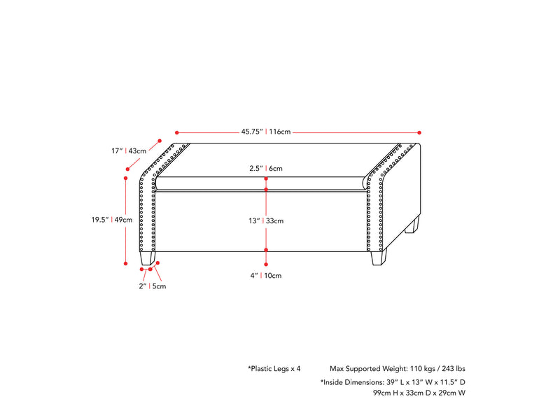 dark grey End of Bed Storage Bench Luna Collection measurements diagram by CorLiving