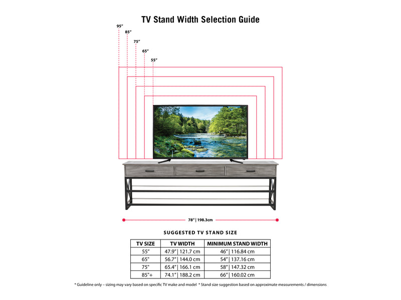 whitewash grey TV Bench for TVs up to 95" Houston Collection infographic by CorLiving