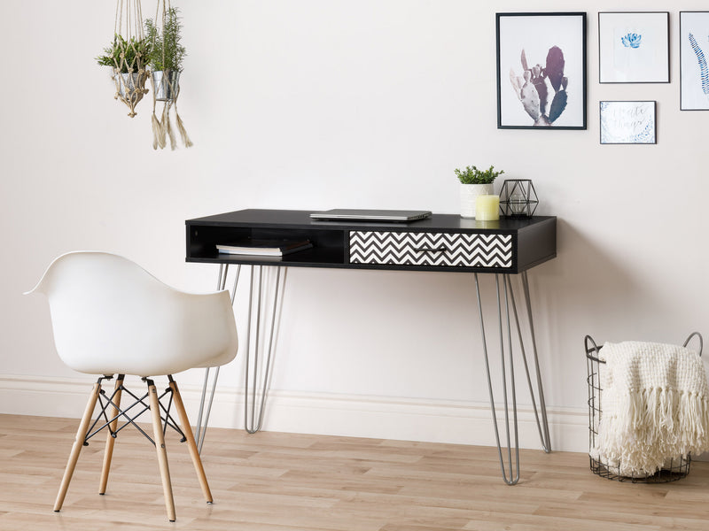 chevron pattern ravenwood black Small Desk with Drawer Ellison Collection lifestyle scene by CorLiving