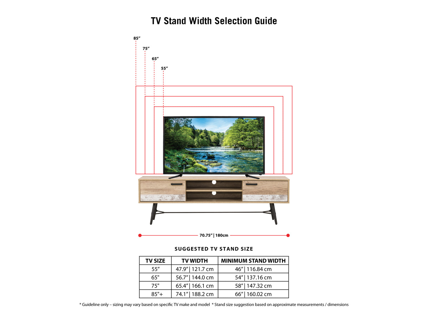 Modern TV stand with a sleek black metal frame, natural wood shelves, and a minimalist design, featuring open storage space and cable management holes for organized media setup.