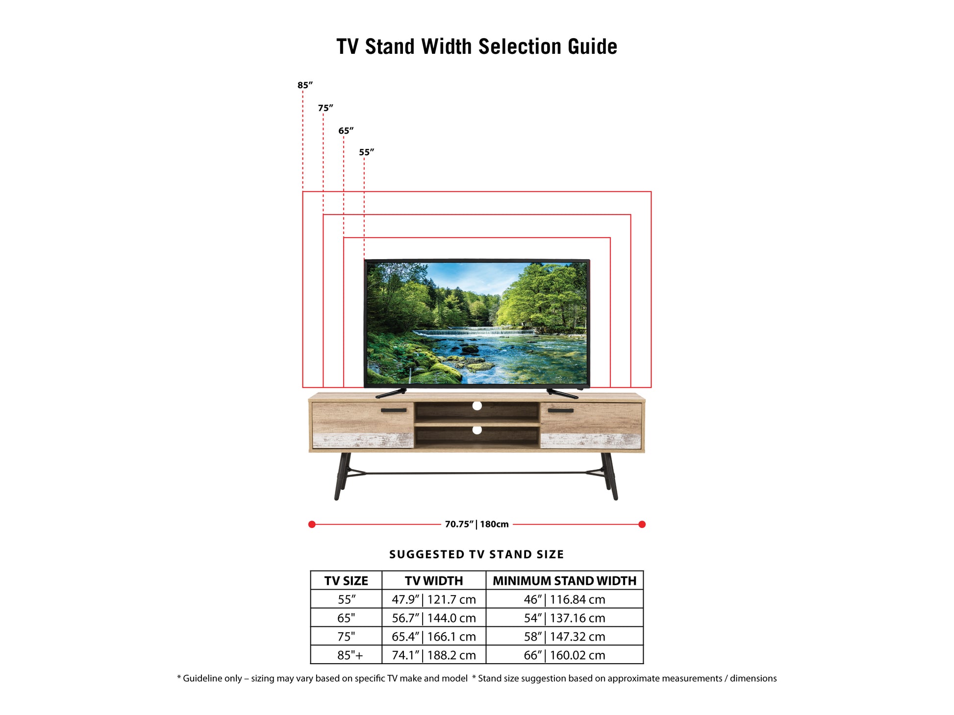 Modern TV stand with a sleek black metal frame, natural wood shelves, and a minimalist design, featuring open storage space and cable management holes for organized media setup.