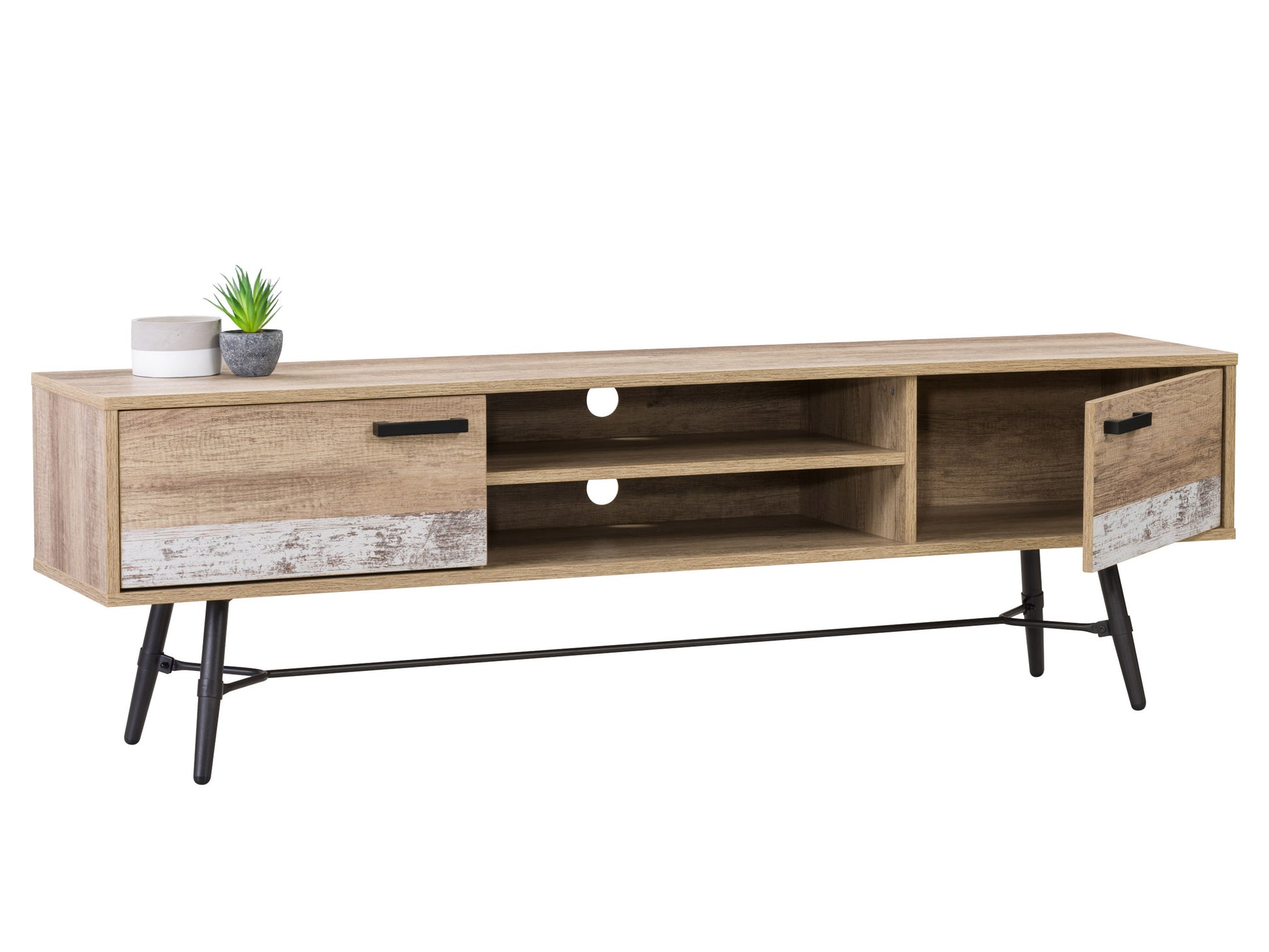 Modern white TV stand with natural wood accents, featuring open shelving, sleek metal legs, and a minimalist design. Perfect for contemporary living rooms or entertainment spaces.