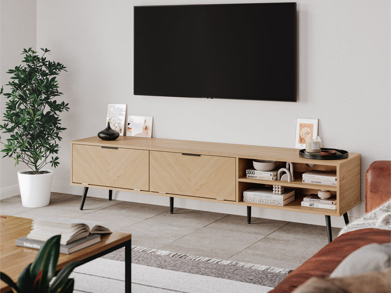 Light Wood TV Stand, TVs up to 85" Himari Collection lifestyle scene by CorLiving