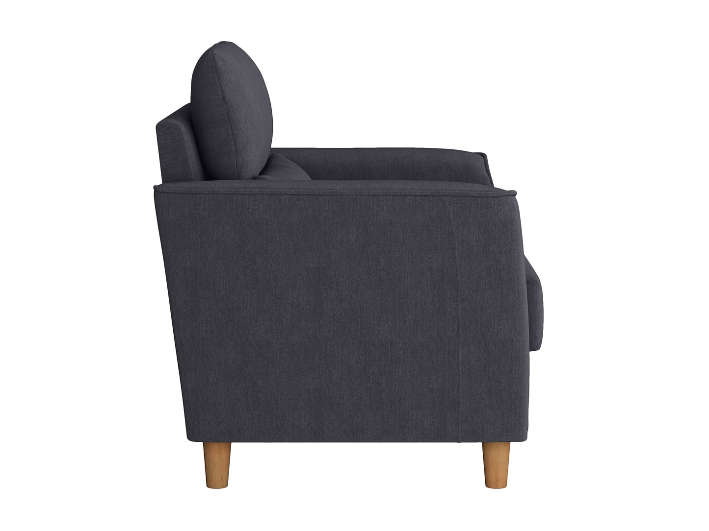 Modern grey armchair with plush cushions, wide seat, and sleek metal legs, upholstered in soft fabric, perfect for living room or lounge area.
