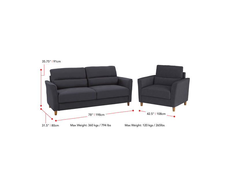 dark grey 3 Seat Sofa and Chair Set, 2 piece Caroline collection measurements diagram by CorLiving
