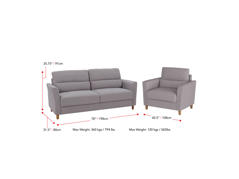 light grey 3 Seat Sofa and Chair Set, 2 piece Caroline collection measurements diagram by CorLiving
