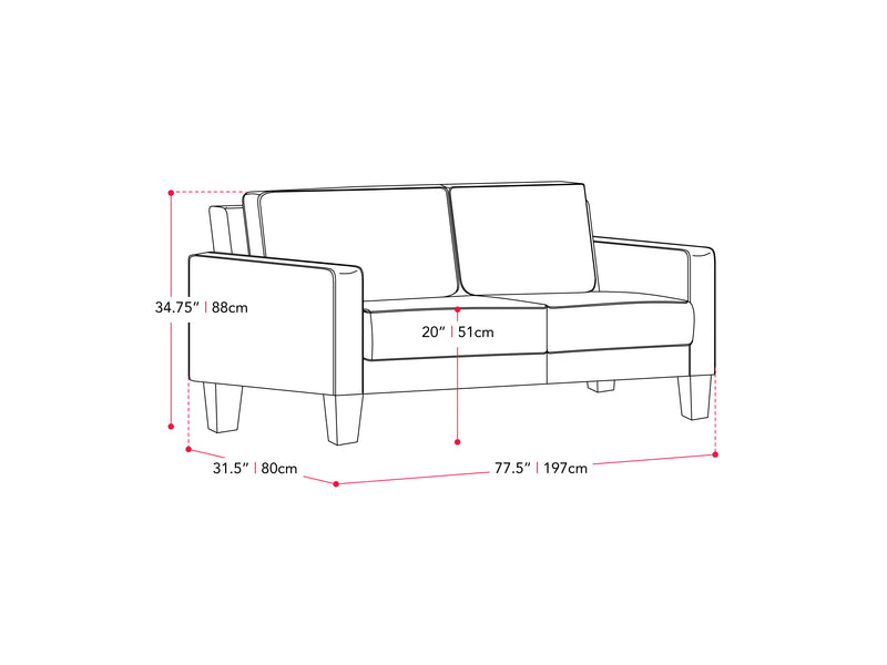 grey Sofa and Chair Set, 2 piece Georgia Collection measurements diagram by CorLiving