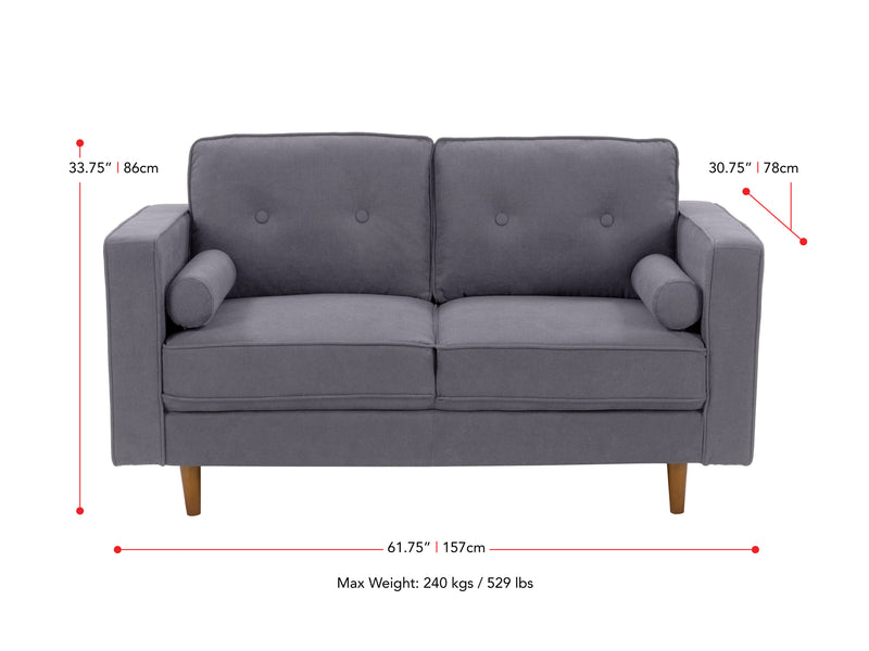 grey 2 Seater Loveseat Sofa Mulberry collection measurements diagram by CorLiving