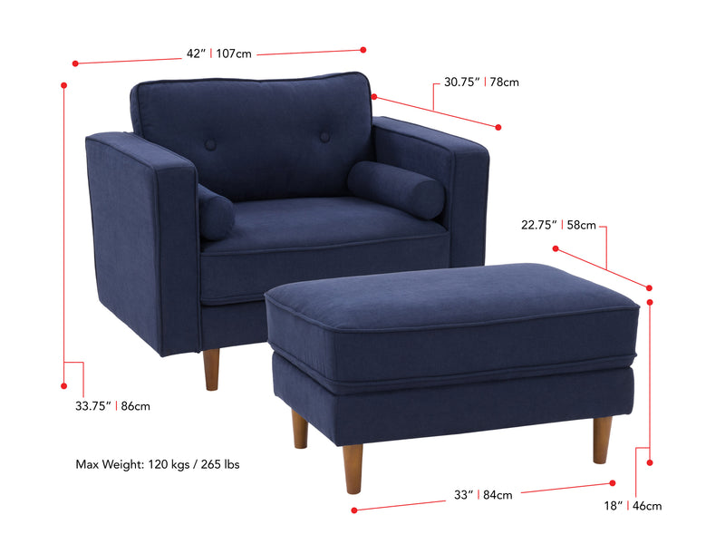 navy blue Accent Chair with Ottoman Mulberry collection measurements diagram by CorLiving